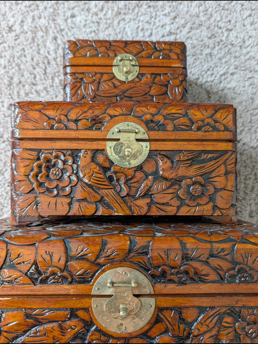 3 Vintage Hand Carved Brown Chinese Bird Camphor Wooden Floral Trinket Boxes